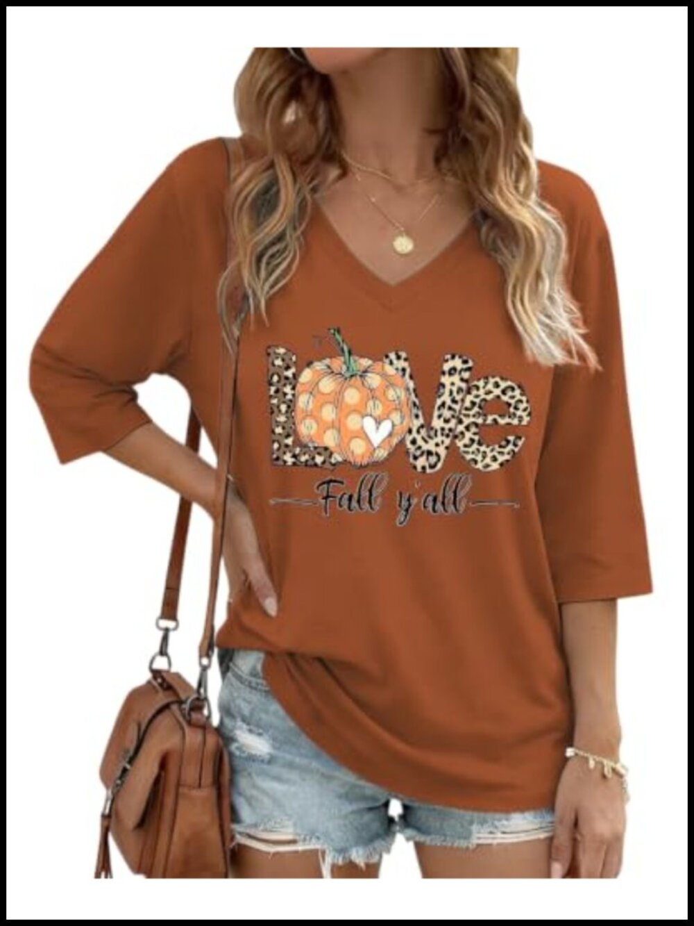 Women's Halloween Pumpkin Tee V-Neck 3/4 Sleeve Fall Shirt